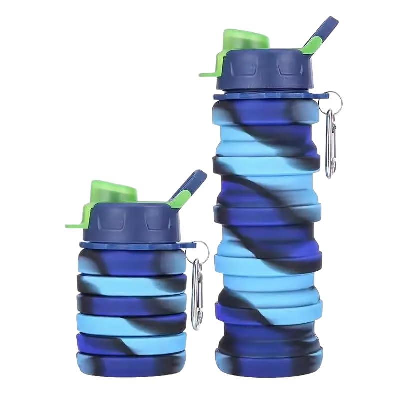 GMM Sports Bottle 500ML Silicone Water Bottle, Reusable Sports Water Bottle, Foldable Water Bottle, BPA Free (Blue Camouflage)