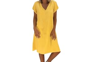 FEANCEY Linen Dresses for Women Summer Short Sleeve Beach Dress Loose Casual V-Neck Mini Sundress Fashion Ladies Tshirt Dress