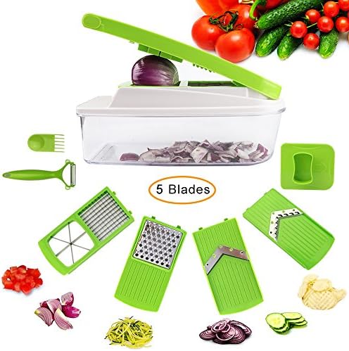 Vegetable Chopper, Lybmi Vegetable Slicer Dicer 7 in 1 Mandoline Slicer Food Chopper Cheese Grater Cuber shredder for Onion Potato Fruit - 4 Types Blades Extra Vegetable Peeler