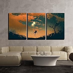 3 Piece Canvas Wall Art - Illustration - Man Flying with Balloon Lights at Sunset,Illustration Painting - Modern Home Art Stretched and Framed Ready to Hang - 16"x24"x3 Panels