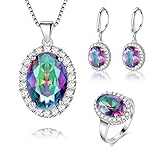 Jewelry Set, J.MOSUYA 925 Sterling Silver Plated Rainbow Mystic Topaz Ring Earring Necklace Set for Women