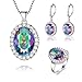 Jewelry Set, J.MOSUYA 925 Sterling Silver Plated Rainbow Mystic Topaz Ring Earring Necklace Set for Women