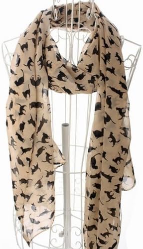 JOVANAS FASHION Ladies Scarf Shawls Cat Print Scraves 100% Chiffon Wrap (Beige)