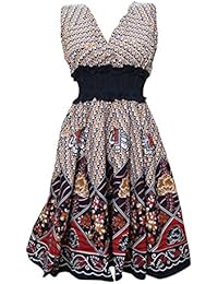 Mogul Womens Peasant Dress V-neck Floral Printed Cotton Brown Dresses S/M