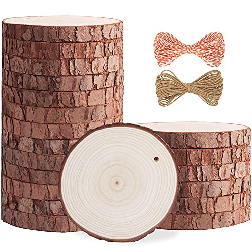 5ARTH Natural Wood Slices - 20 Pcs 3.5-4.0 inches Craft Unfinished Wood kit Predrilled with Hole Wooden Circles for Arts Wood Slices Christmas Ornaments DIY Crafts