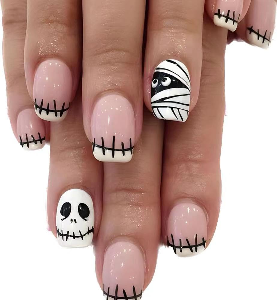 Clataly 24 Pcs Mummy Skeleton Halloween Pumpkin Cartoon Fun Stars Moon Press On False Nails (B)