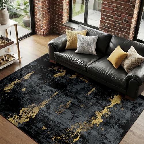 RELEANY Washable Area Rug 8'x10' Non-Slip Indoor Modern Abstract Low Pile Soft Carpet Rugs for Living Room Bedroom Home Entryway, Print Pattern, Dark Black Gold