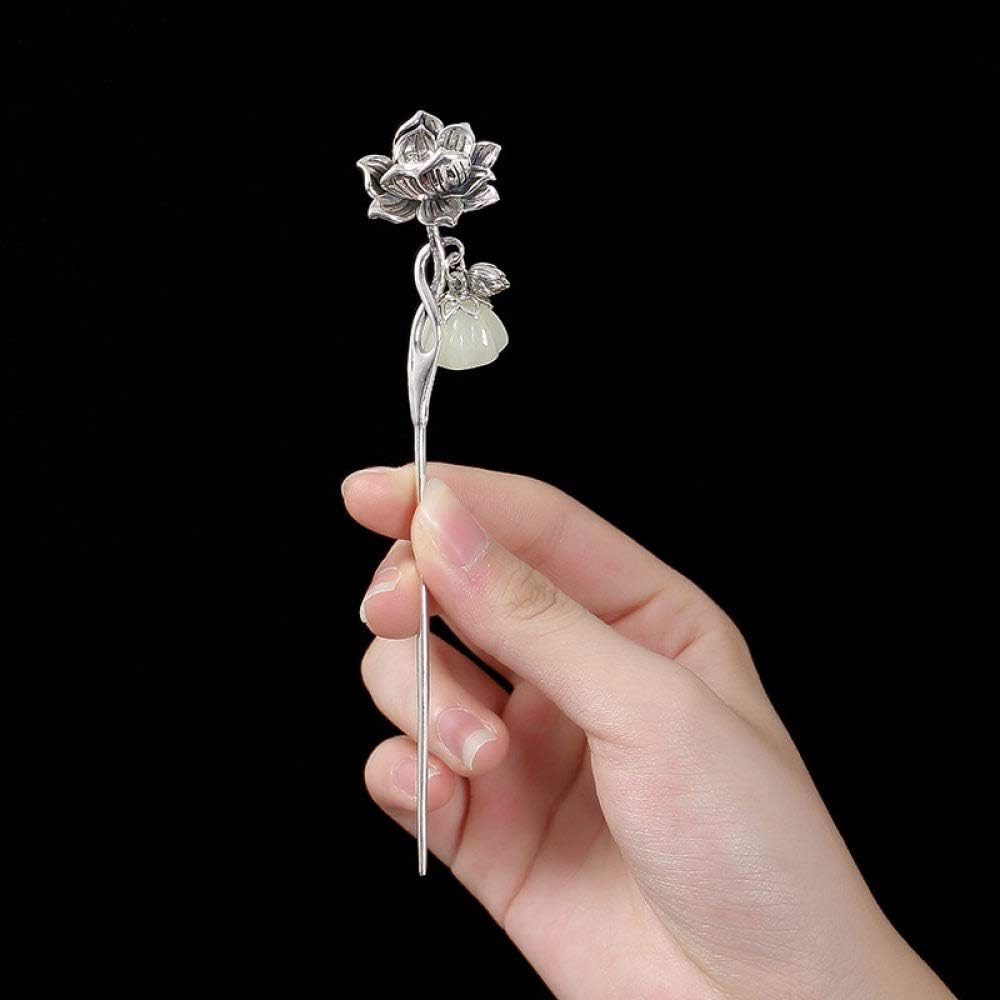 THTHT 925 Sterling Silver Hairpin Hair Stick Retro Chinese White Jade Lotus Classical Feminine Temperament Bride Hair Accessories Decoration Fixed