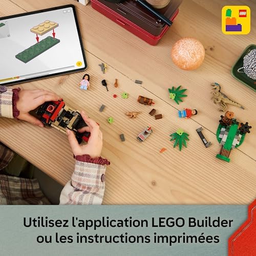 Jurassic World Le Vélociraptor et l’Évasion en 4x4, Jouet sur Le Thème des Dinosaures, Set de Construction et d’Aventure pour Enfants avec Véhicule, Cadeau pour Garçons et Filles dès 6 Ans 76972