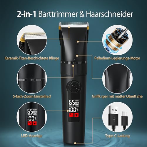 2-in-1 Professional Hair Trimmer and Men's Beard Trimmer - Electric Men's Face / Head / Body Razor with Removable Ceramic Titanium Blades 9 Length Levels Non-Slip Matte Handle
