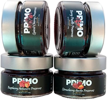 PRiMO Specialty Foods Gourmet Gathering Sampler, 4.5 oz Each Strawberry Ancho, Raspberry Habanero, Berry Pasilla and Spiced Cherry