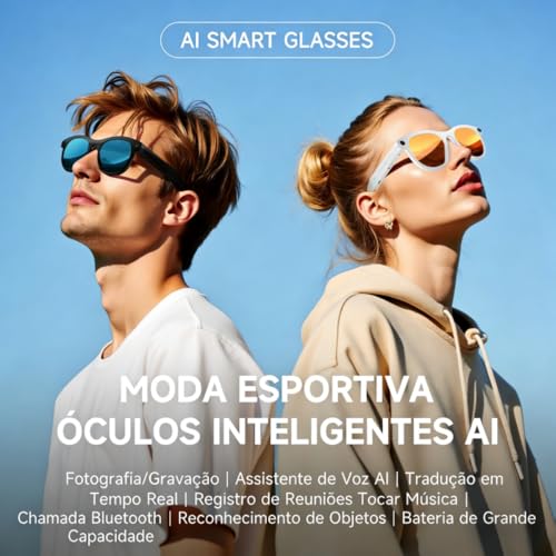 Óculos inteligentes equipados com inteligência artificial, Bluetooth, tradução instantânea, câmera de 2 milhões de pixels, reprodução de música e função de chamada em viva-voz. (Preto)