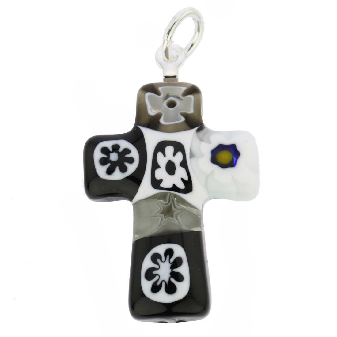 Glass Of Venice Murano Glass Black and White Millefiori Small Cross Pendant