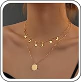 Yheakne Vintage Layered Disc Pendant Necklace Gold Moon Star Necklace Round Disc Coin Choker Necklace Layering Moon Star Necklace Chain Jewelry for Women