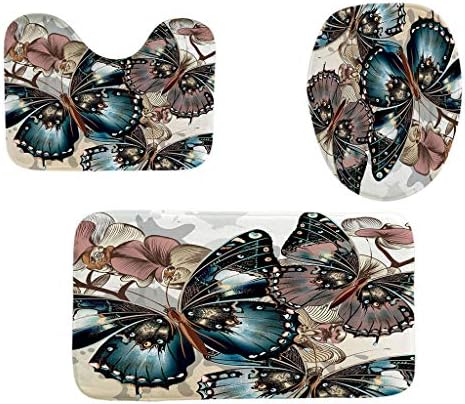 Toilet mats Set Fiaya 3Pcs /4PCS Floral Leaf Cactus Multicolor Polyester Bathroom Set Rug Contour Mat+Toilet Lid Cover +Plan Solid Color Bath Mats +Shower Curtain (3PCS, Multicolor Butterfly)