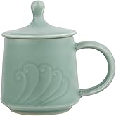 Tingyework Porcelain Wave Tea Cup with Lid, 11 oz Ceramic Tea Mug Coffee Cup, Microwave Dishwasher Safe, Christmas Gifts, Chinese Celadon (Sky Blue)