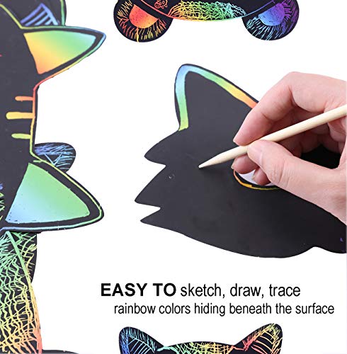Fashionclubs Scratch Art Paper Rainbow Scratch Animal Masks,Owl Rabbit Tiger Wolf Bear Squirrel Fox Elk Elephant 36pcs Magic Scratch Paper Masks with Elastic Cords&Wooden Styluses for Kids Dress Up Costume Party Favors - Thumbnail 2