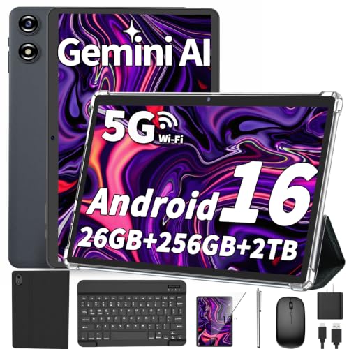 Android tablet 10 inch, 2026 Android 16 Tablet with Keyboard, 26GB+256GB (2TB Expand), Gemini AI Tablet with 8-Core, 8000mAh, 5G WiFi, Widevine L1, 2 in 1 Tablets PC with Case/Mouse/Stylus-Black Case