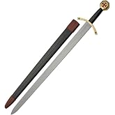 SZCO Knights Templar Sword 37", Black Wrapped Handle Sword | Leather Sheath, Full Tang, Stainless Steel Blade, Sword for Cosplay &amp; Display