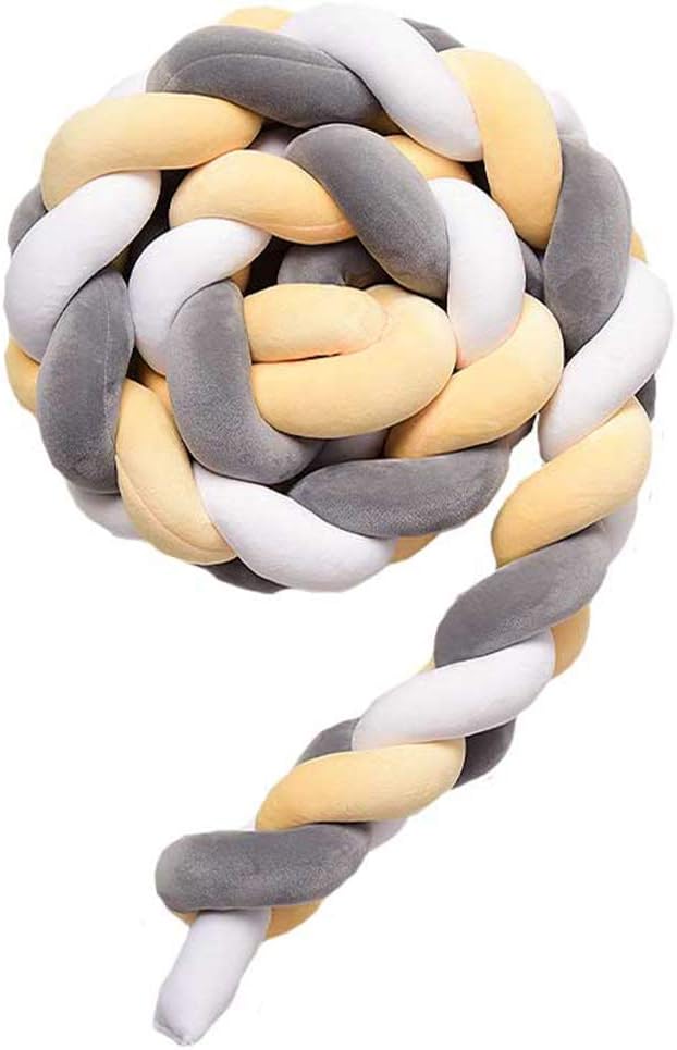 QINGLOU cot Bumper Braid Pillow,Baby Head Guard Bumper Knot Braid Pillow Cushion, Decorative Pillow for Baby Nursery Crib Bedding (White + Yellow + Gray, 100cm)