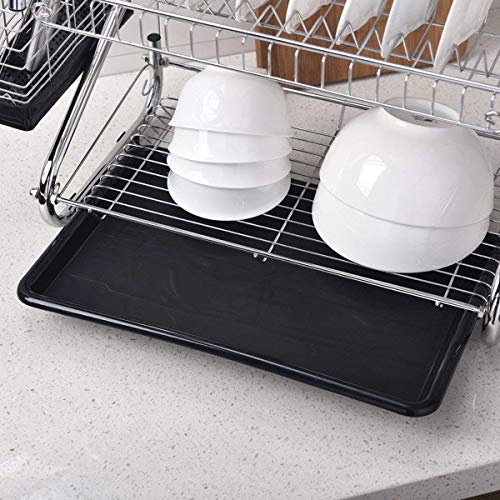 ENGELCH Rust-Proof Chrome Finished 2-Tier Kitchen Dish Drying Rack, Dish Rack With Black Drain Board, 1 Wide Tableware Rack and Knife Holder Accessory, 6 Independent Cup Holder Accessories