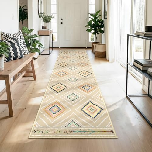 DEFYNEE Teppich Läufer Flur 60 x 240 cm, rutschfest Küchenläufer, Kurzflor Teppichläufer, Waschbar, Faltbar, Boho Design – für Flur, Küche, Wohnzimmer