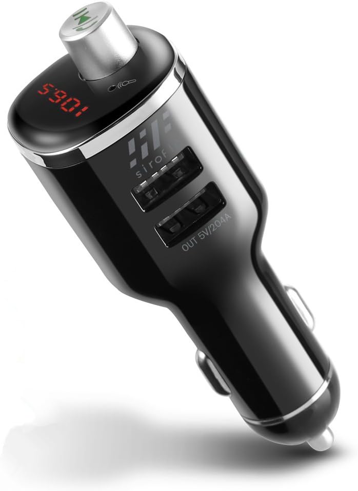 FM Transmitter,Siroflo Bluetooth FM Transmitter, 2 USB Charger, Hands-Free Calling, U-disk MP3 Play, USB Flash Drive Port for iPhone, iPad, Samsung, Android Smartphones, Black.
