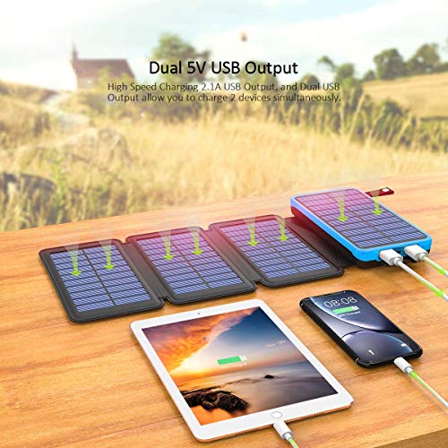 Solar Power Bank 25000mAh High Capacity USB External Battery Pack Backup Battery Power Pack with 4 Foldable Solar Charging Panels, Dual 2.1A Output Ports, Flashlight for iPhone Android Cellphones