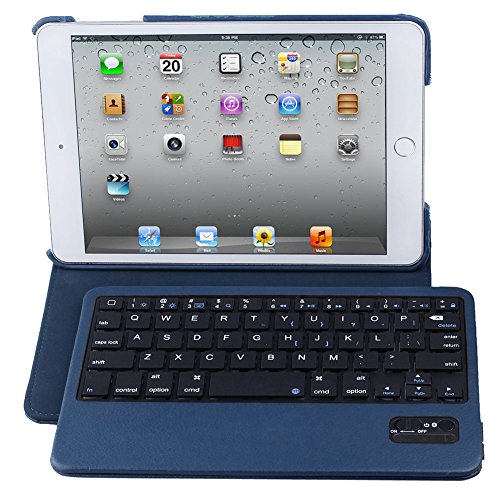 [Timed Promotion] E-thinker Removable 360 Rotating Wireless Bluetooth Keyboard Leather Case Cover for Ipad Mini 1/2/3 Retina with Built-in Stand, Protective Leather Folio Cover & Removable / Rechargeable Keyboard (Dark Blue)