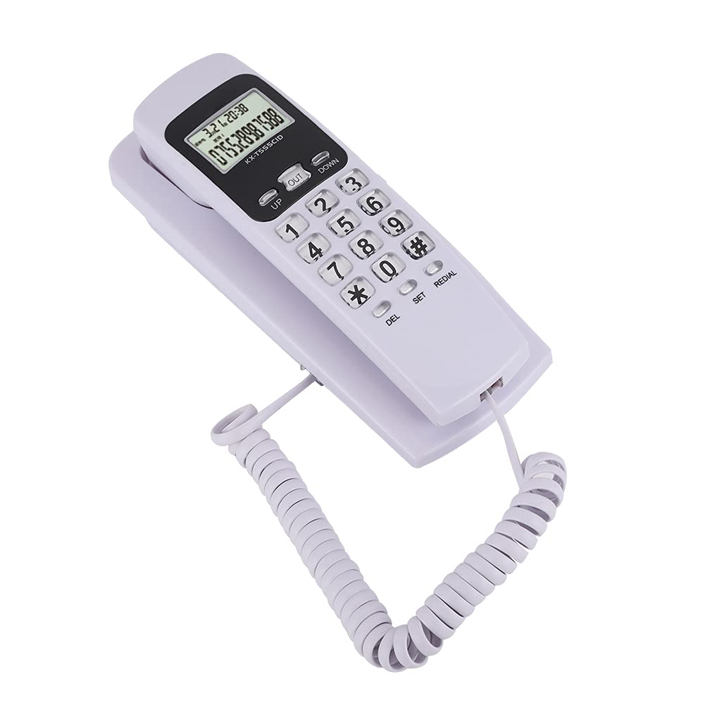 Mini Wall Mounted Phone, T555 Corded Phone Fixed Telephone with Caller ID Landline Phone with LCD Display Backlight for Hotel Home Office(White)