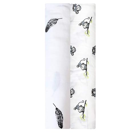 linenaffairs Kids Organic Muslin Cotton Wing and Monkey Designs Swaddle Wrap (Grey, 120 X 120