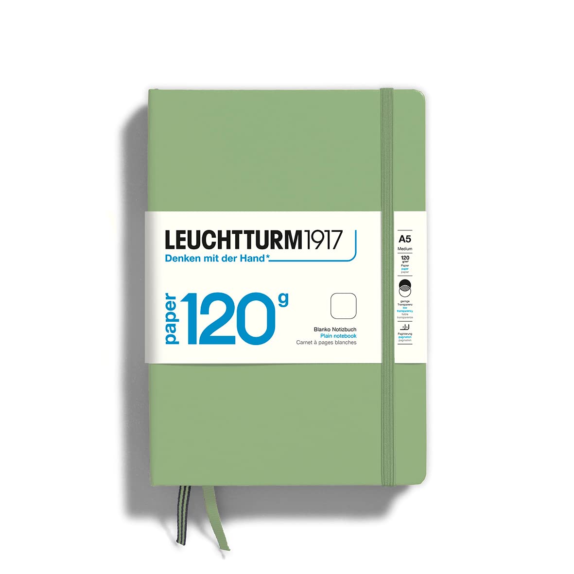 LEUCHTTURM1917 364426 Notebook Medium (A5), Edition 120, Hardcover, 203 Numbered Pages, Sage, Plain with 120g/sqm Paper