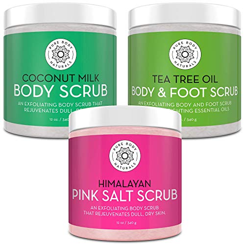 Face Scrub and Body Scrub Gift Set with Himalayan Salt Facial Scrub, Coconut Milk Body Scrub, and Tea Tree Oil Foot Scrub - Self Care Gifts for Women and Men - by Pure Body Naturals (3 x 12 oz jars)