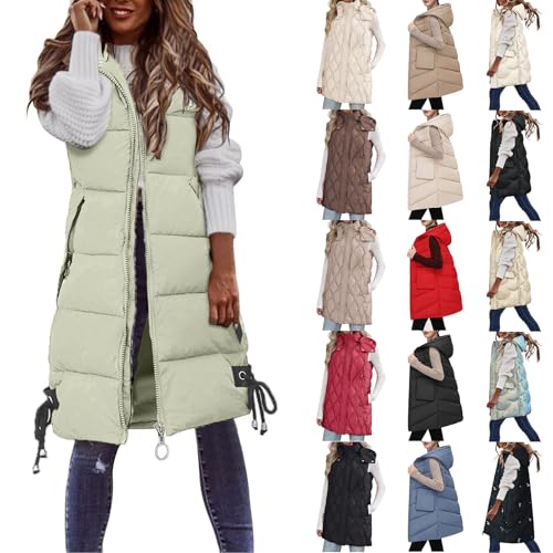 Women's Long Hooded Gilets Quilted Zip Up Sleeveless Waistcoat Padded Winter Down Jacket Longline Body Warmer Ladies Thick Parka Tank Top Outwear Coat with Pockets B XL