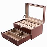 SONGMICS Brown Watch Box Faux Leather Jewelry Case Watch Display Oraganizer Glass Top Lockable UJWB007 (Kitchen)