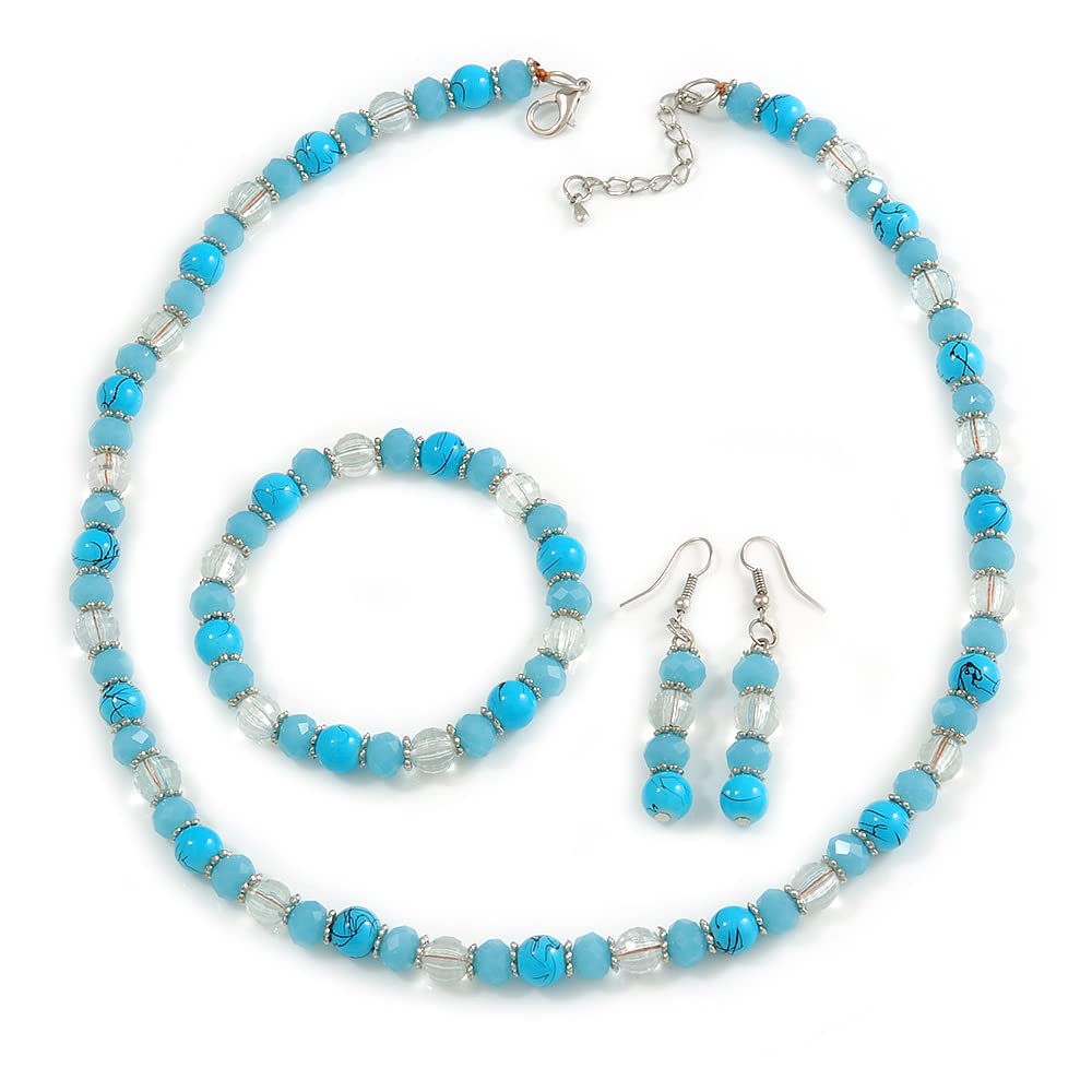 Avalaya Light Blue/Transparent Glass/Ceramic Bead with Silver Tone Spacers Necklace/Earrings/Bracelet Set - 48cm L/ 7cm Ext