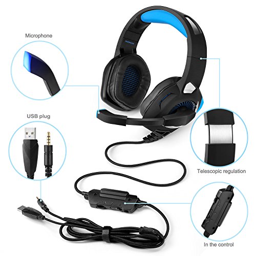 Gaming Headset Headphones for PS4, Xbox One, PC, Nintendo Switch with Microphone, LED Lights, Noise Cancelling, Volume Control - PUBG, Halo 5