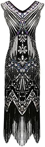 BelinlaAny Women 1920s Retro Sequin Art Nouveau Embellished Fringed Flapper Dress001 (X-Large, Black)