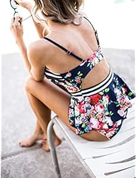 IMIDO Traje de baño de dos piezas con cuello en V para dama, estilo retro, estampado floral, a rayas, bañador hueco