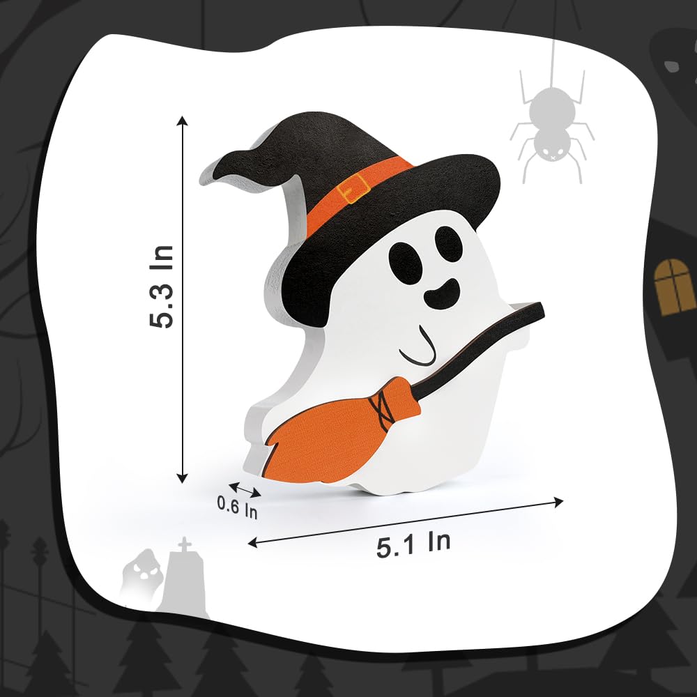 AKEROCK Cute Halloween Decorations Indoor - Halloween Decor/Ghost Decor, 4 PCS Wooden Ghost Halloween Signs for Table, Office Desk, Tiered Tray, Fireplace Mantle - Spooky Halloween Ghost Decorations