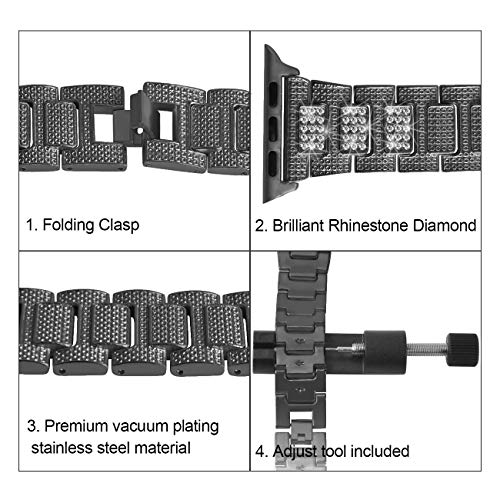 hooroor Bling Bands Compatible Apple Watch Band 38mm 40mm iWatch Series 4 3 2 1 for Women Men, Diamond Rhinestone Stainless Steel Metal Replacement Accessories Wristband Strap, Black - Thumbnail 5