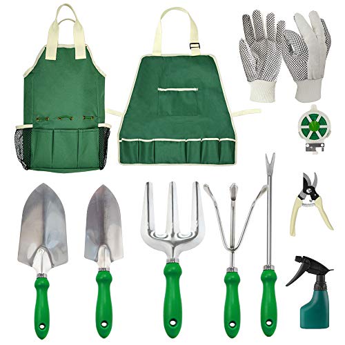 GardenHOME Garden Tools Set – 11Pcs Heavy Duty Gardening Tools Equipment with Tote Bag Adjustable and Apron, Garden Gifts for Women