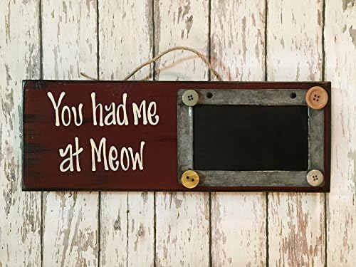 CAT Photo Holder / Chalkboard / Sign - YOU HAD ME AT MEOW - Wall Home Decor - Red Aqua Turquoise Blue Tan