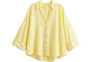GORGLITTER Women's Button Up Shirt 3/4 Sleeve Collar Blouse Drop Shoulder Loose Tops