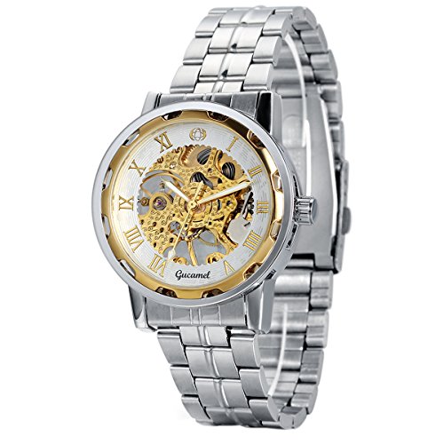 Avaner Mens Business Casual Stainless Steel Steampunk Skeleton Semi Mechanical Vintage Roman Numerals Analog Wrist Watch