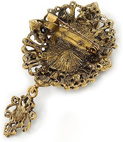 Vintage Inspired Amber/Champagne Crystal Cameo with Charm Brooch In Bronze Tone - 65mm L, brown, copper, bronze - Image 3