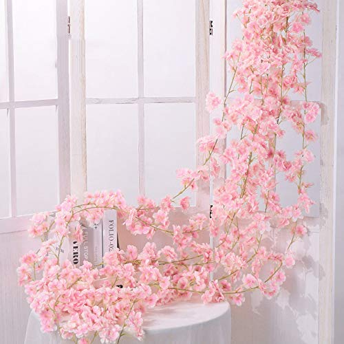 Shiwaki 180cm/70 Inches Artificial Cherry Blossom Rattan Hanging Chain Light Pink Decoration for Wedding