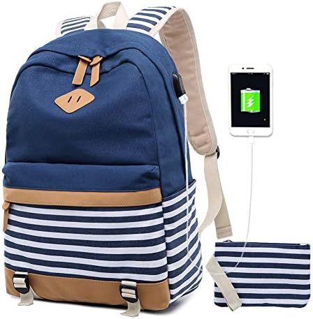 Women Backpack Laptop Fashion Travel USB Charging Bag for Teenager Girls College Student School Canvas Rucksack Casual Daypack Fit 15.6 Inch Notebook Striped Small (2-Blue)