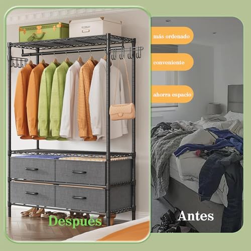 Estante de Ropa,Perchero de Pie Armario,Burro Ropa,Armario de Metal con Estantes Ajustables,con 4 cajones extraíbles,Perchero de Ropa Resistente,Organizador Metálico Independiente para Closet