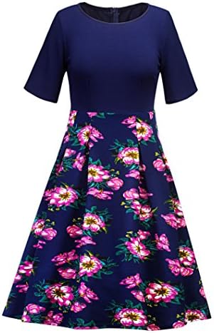 Lionstill Women's Scoop-Neck Floral Short-Sleeve Knee Fit-and-Flare Dress, Navy+Purple, XX-Large